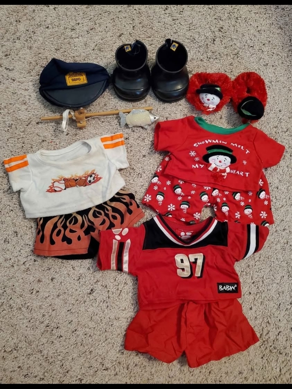 Build-A-Bear Red Snowman, 2 Sports Outfits And 2pr Shoes.